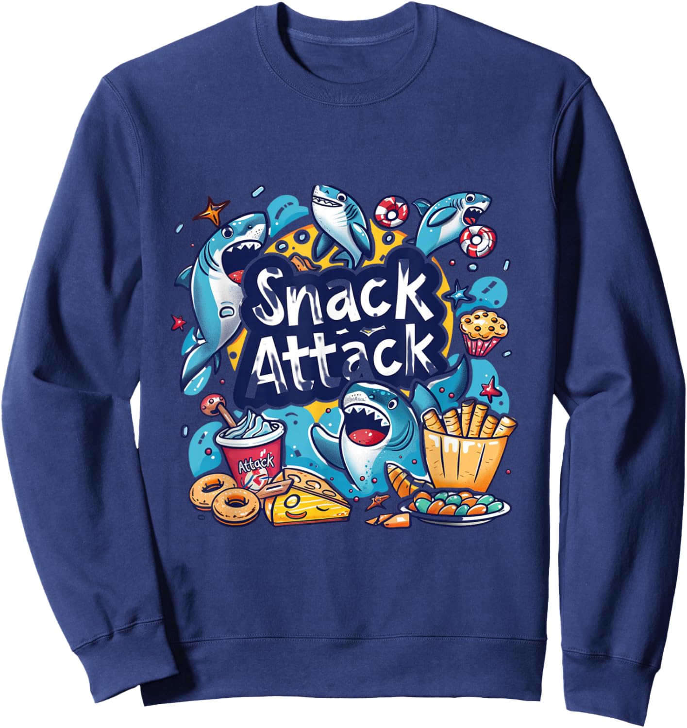 Snack Attack Funny Food Foodie Munchies Children Kids Shark Sweatshirt - Sweatshirt | Navy