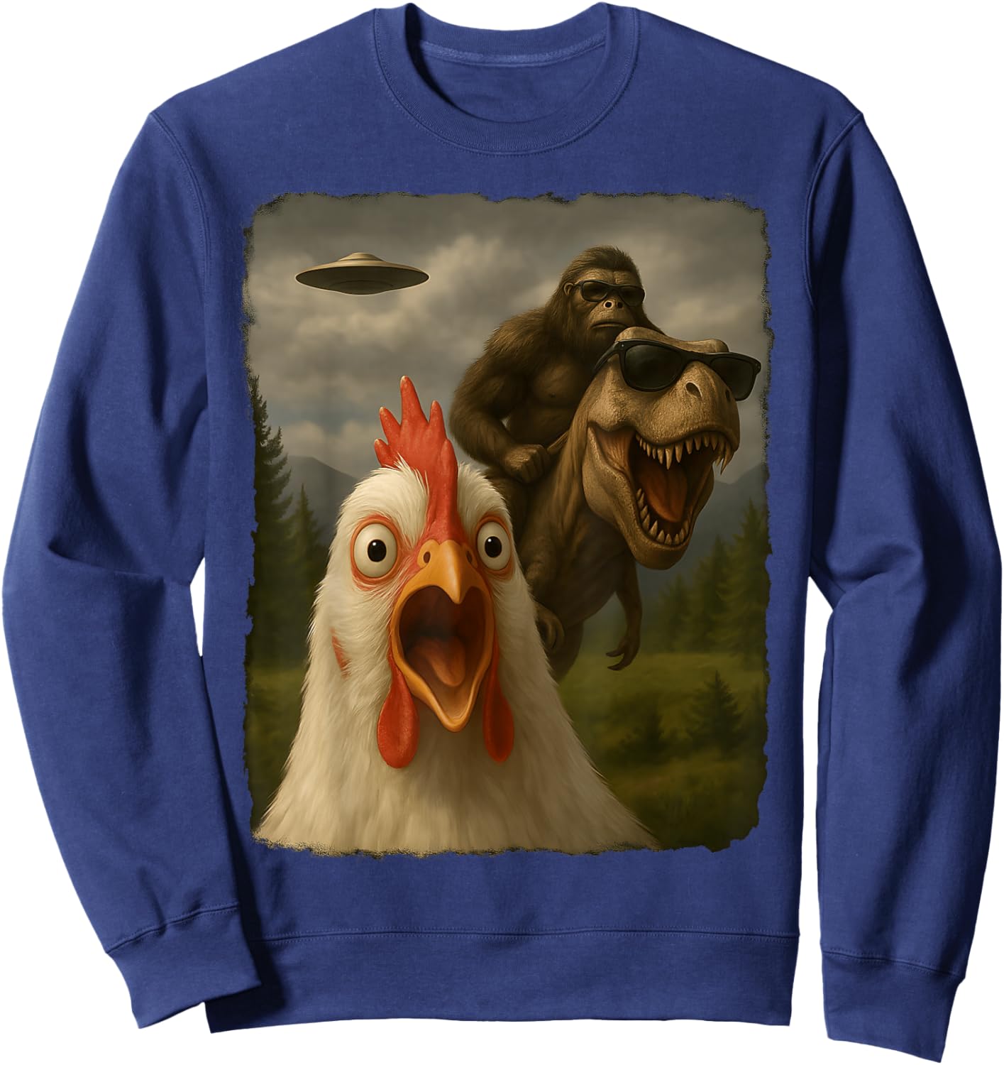 Funny Chicken Selfie Bigfoot Sasquatch Riding T-Rex UFO Sweatshirt - Sweatshirt | Navy