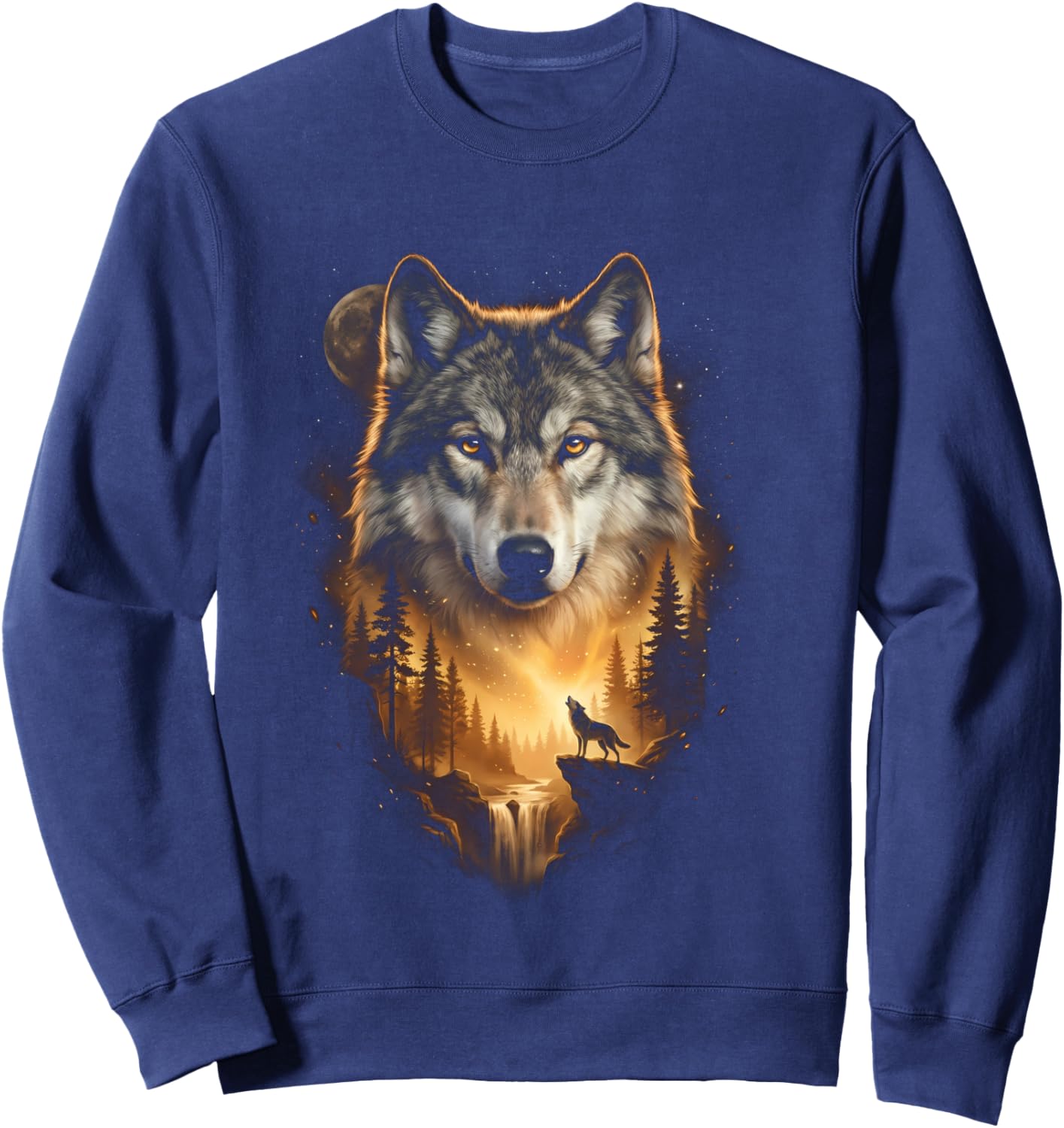 Motif de Loup Hurlant à la Lune Fantasy Art Forest Graphic Manche Longue Sweatshirt - Sweatshirt | Navy