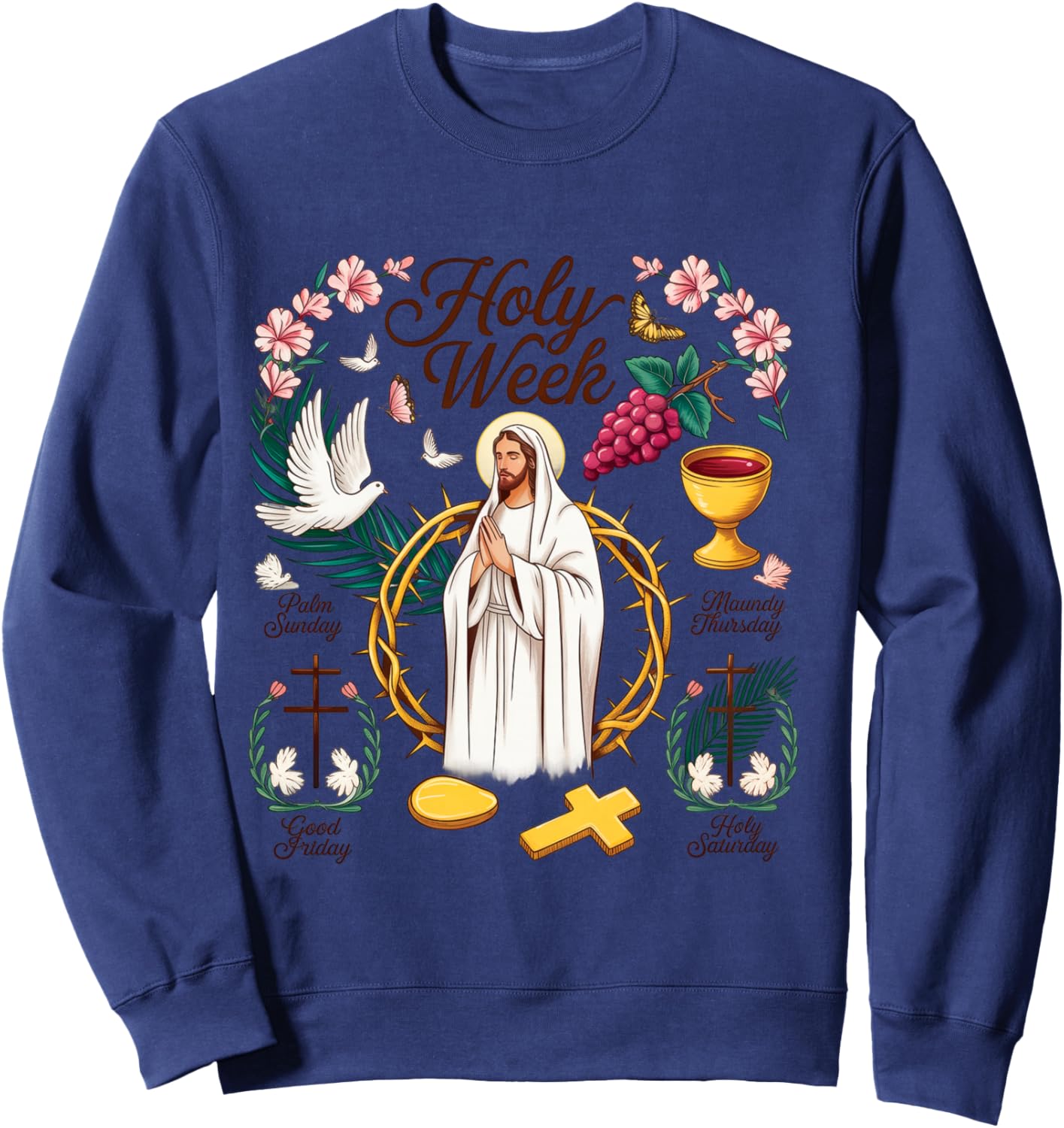Semaine Sainte Dimanche de Pâques, He is Risen Croix de Pâques Chrétienne Manche Longue Sweatshirt - Sweatshirt | Navy