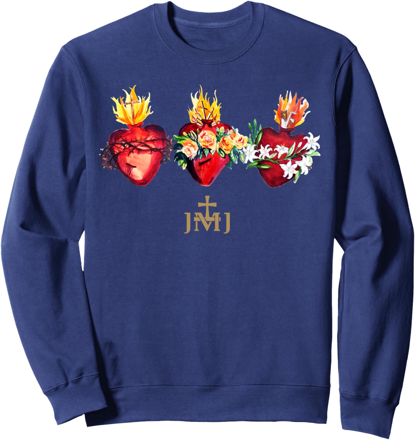 Three Sacred Hearts of Jesus Mary Joseph JMJ Catholic Sweatshirt - Sweatshirt | Navy