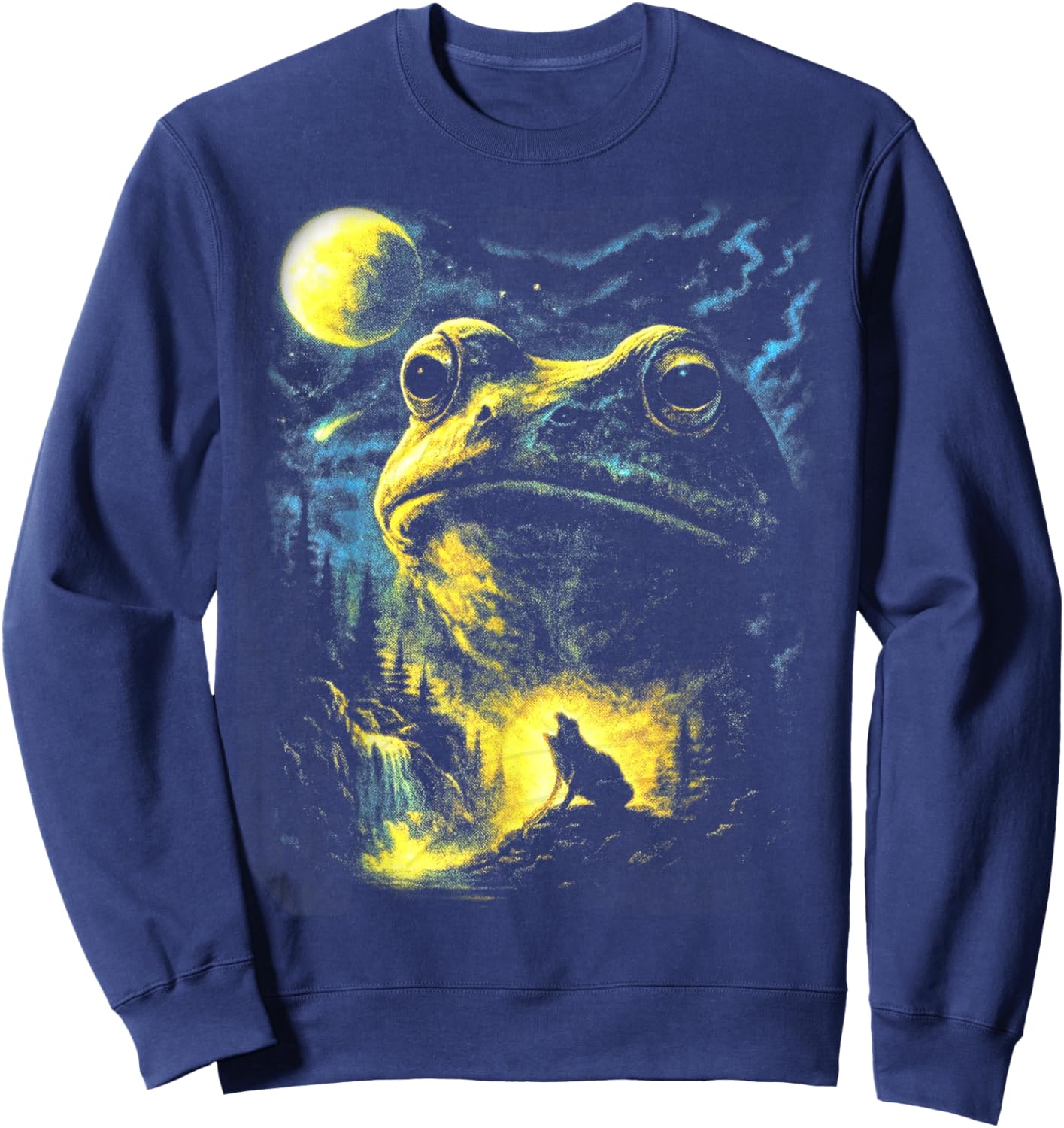 Retro Frog and Wolf Nature Scene, Full Moon Forest Lover Sweatshirt - Sweatshirt | Navy