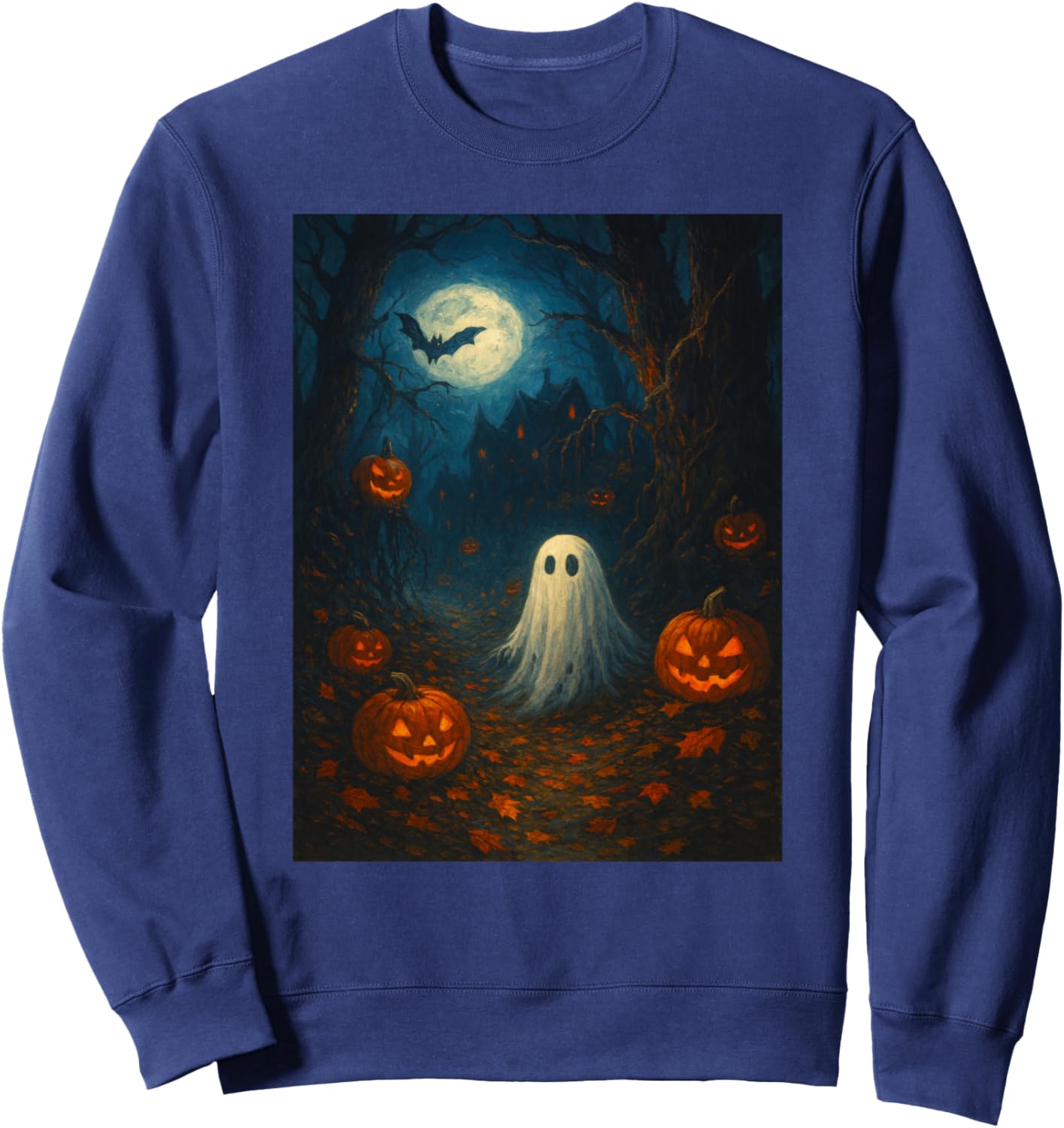 Vintage Floral Ghost Halloween Ghost in the Forest Gothic Sweatshirt - Sweatshirt | Navy