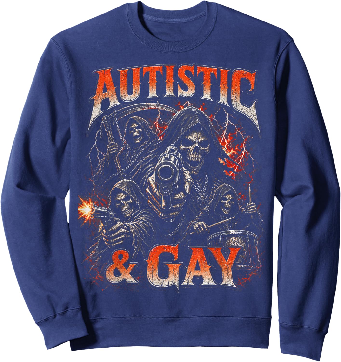 Autistic and Gay Funny Skeleton Reaper Meme Bootleg Y2K Sweatshirt - Sweatshirt | Navy