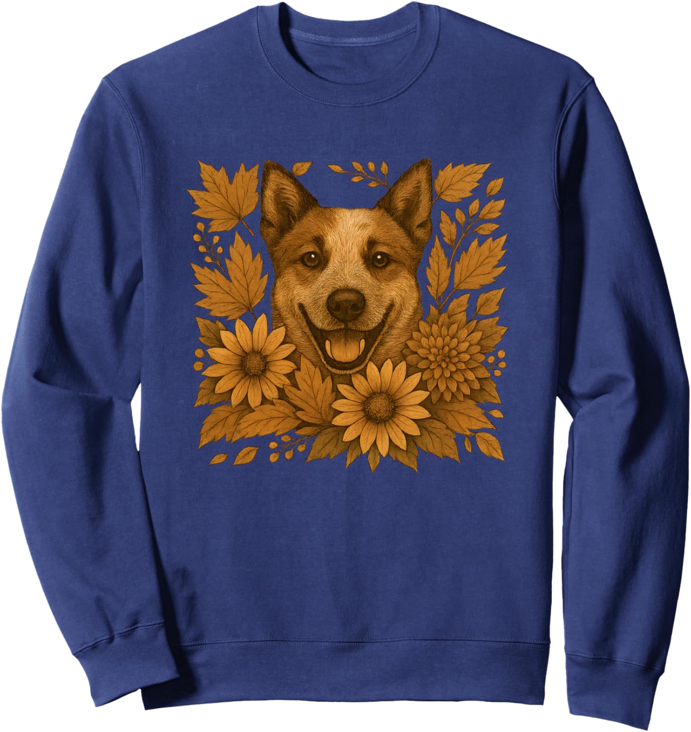 Cute Floral Red Heeler Autumn Fall Leaves Dog Art Sweatshirt - Sweatshirt | Navy