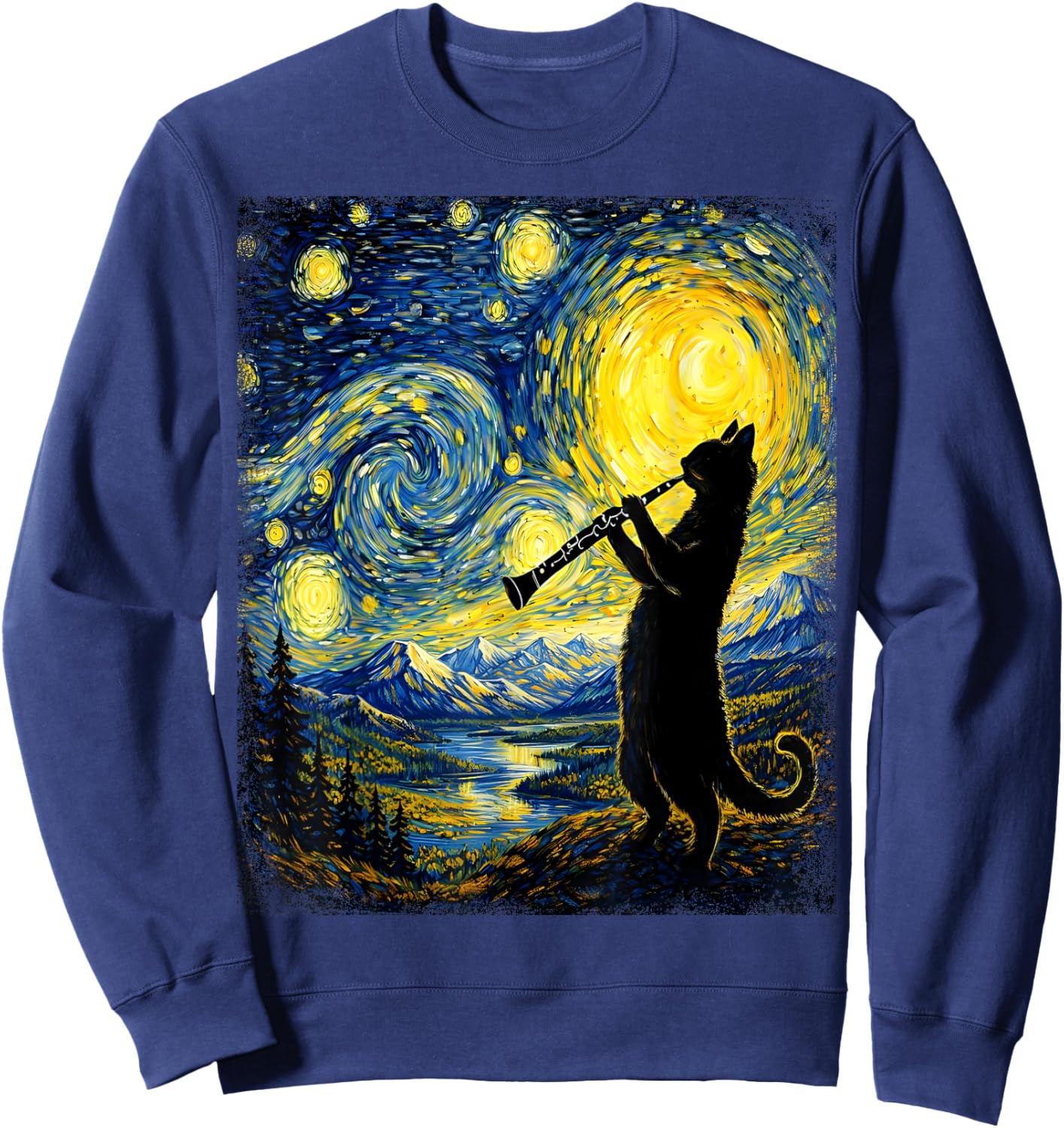 Cat Playing Clarinet Music Funny Musician Lover Clarinetist Sweatshirt - Sweatshirt | Navy