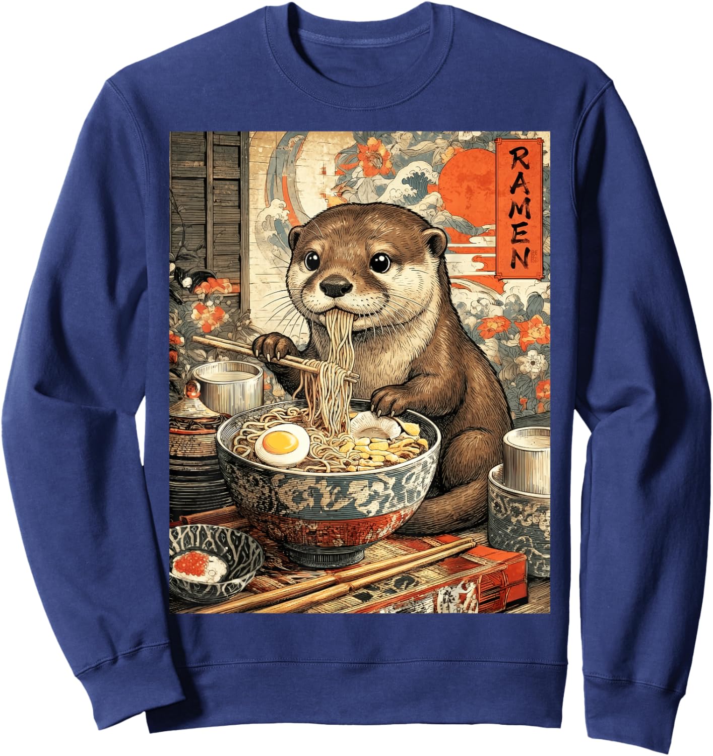 Funny Ramen Otter Anime Otaku Noodles Graphic Sweatshirt - Sweatshirt | Navy
