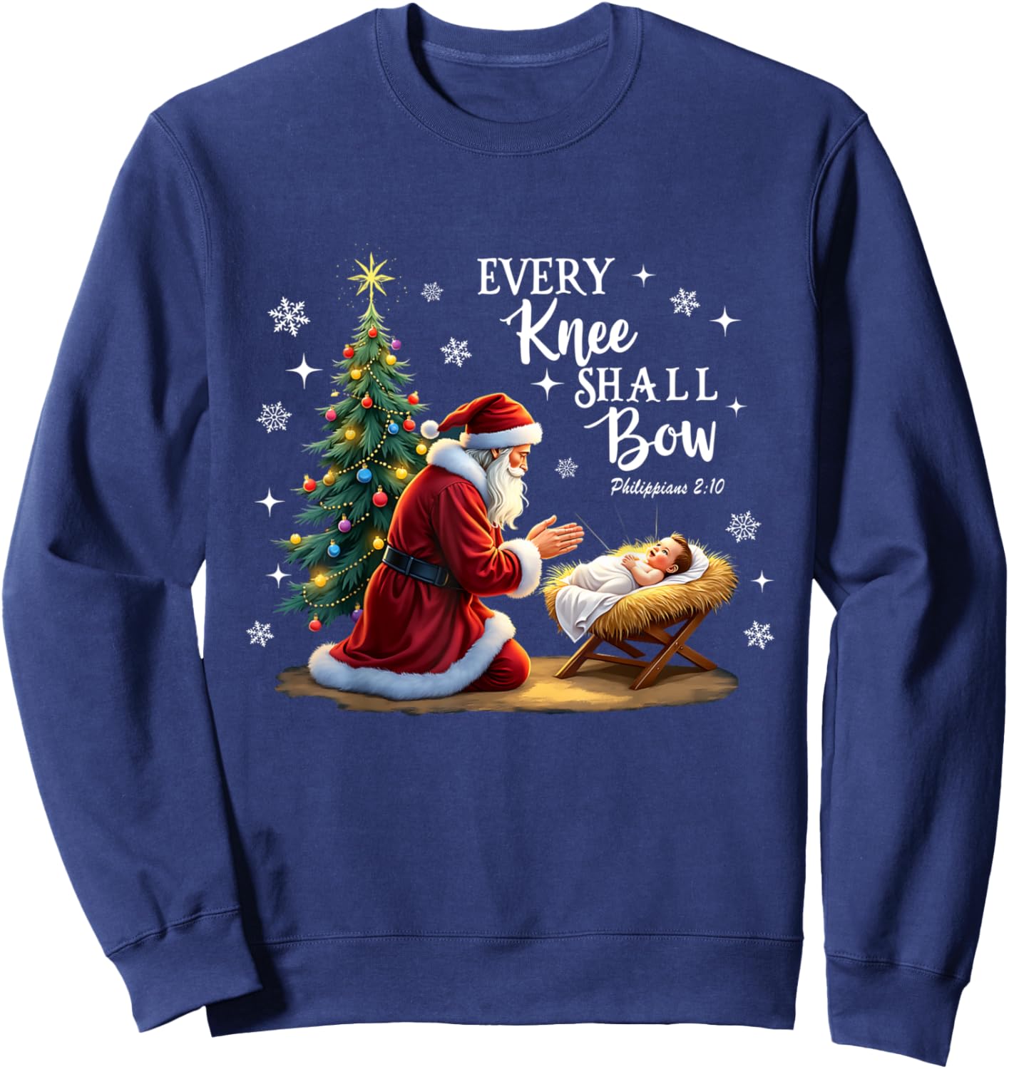 Every Knee Shall Bow, Manger Scene, Kneeling Santa Christmas Sweatshirt - Sweatshirt | Navy