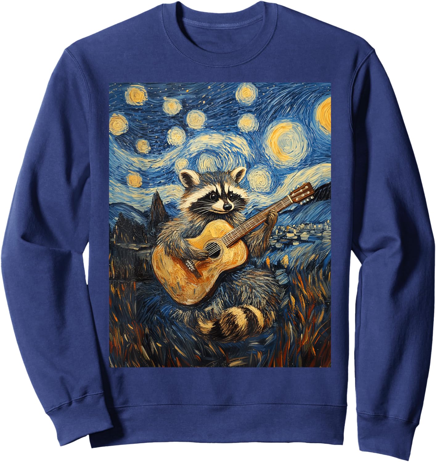 Funny Raccoon Play Guitar Guitarist Starry Night Van Gogh Sweatshirt - Sweatshirt | Navy