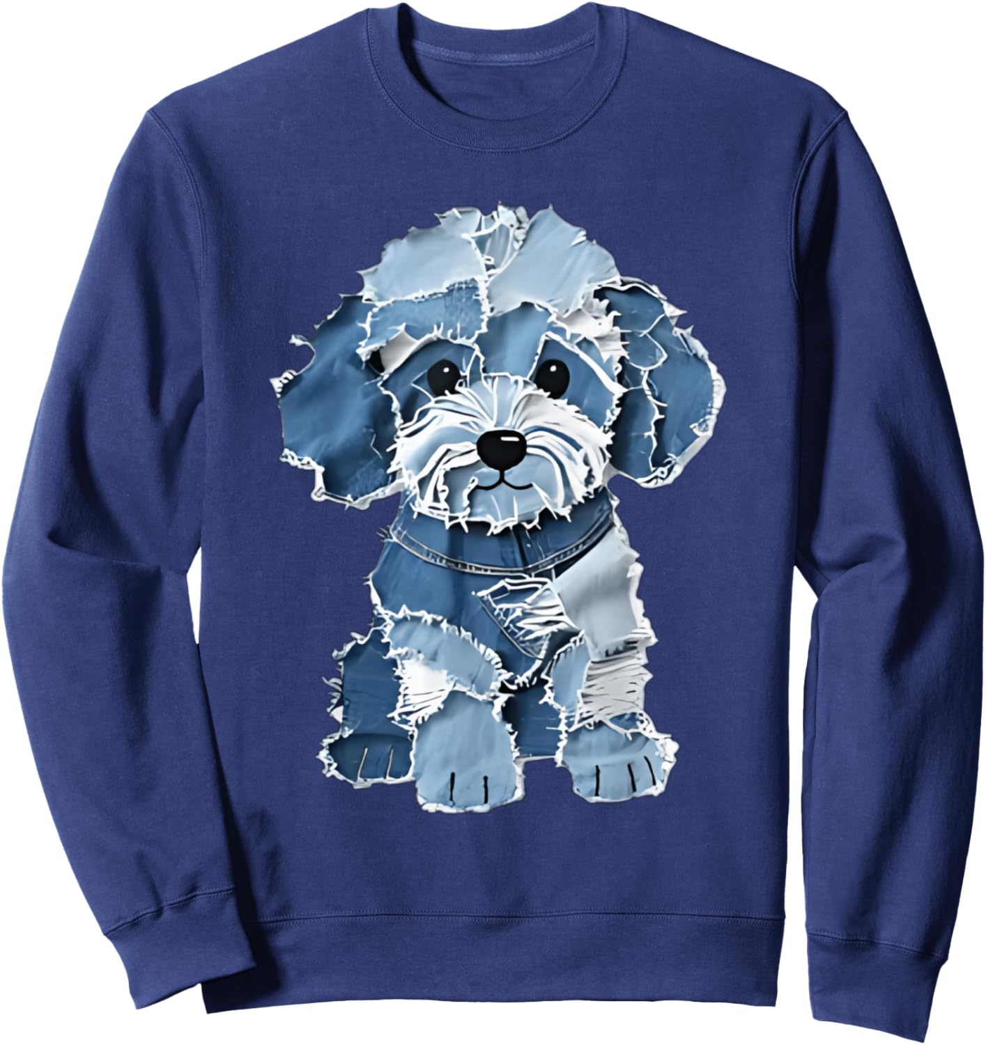 Cute Denim Patchwork Puppy Dog Art Sweatshirt - Sweatshirt | Navy