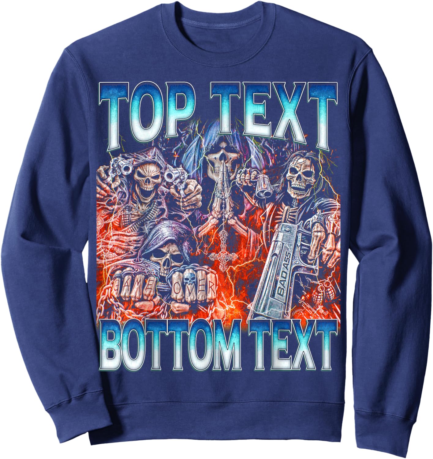 Top Bottom Text - Edgy Skeleton Bootleg Hard Skeleton Meme Sweatshirt - Sweatshirt | Navy