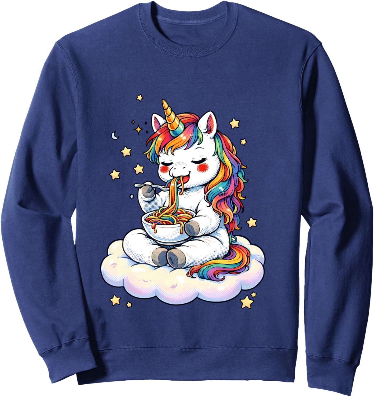 Chibi Unicorn isst Regenbogen-Spaghetti-Nudelgrafik Langarmshirt Sweatshirt - Sweatshirt | Navy