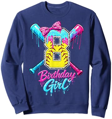 Kids 8th Birthday Girl Softball Ice Cream Drip Coquette Bow Sweatshirt - Sweatshirt | Navy