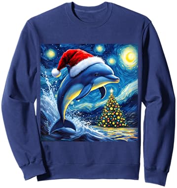 Christmas Dolphin Santa Hat Van Gogh Starry Night Holiday Sweatshirt - Sweatshirt | Navy