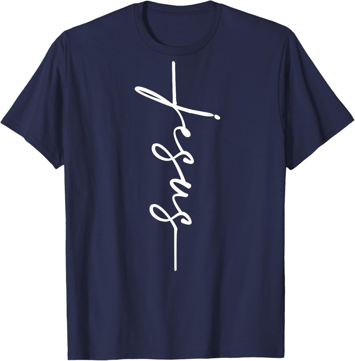 Jesus Cursive Writing Cross Jesus Vertical Cross ART ON BACK T-Shirt - T-Shirt | Navy