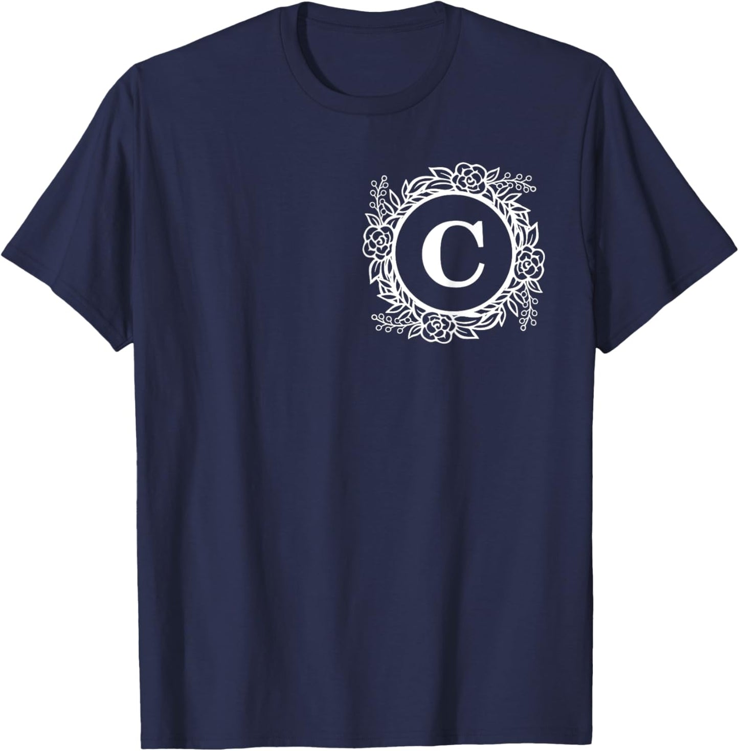 Personalized Monogram Letter C Initial Cute Floral Wreath T-Shirt - T-Shirt | Navy