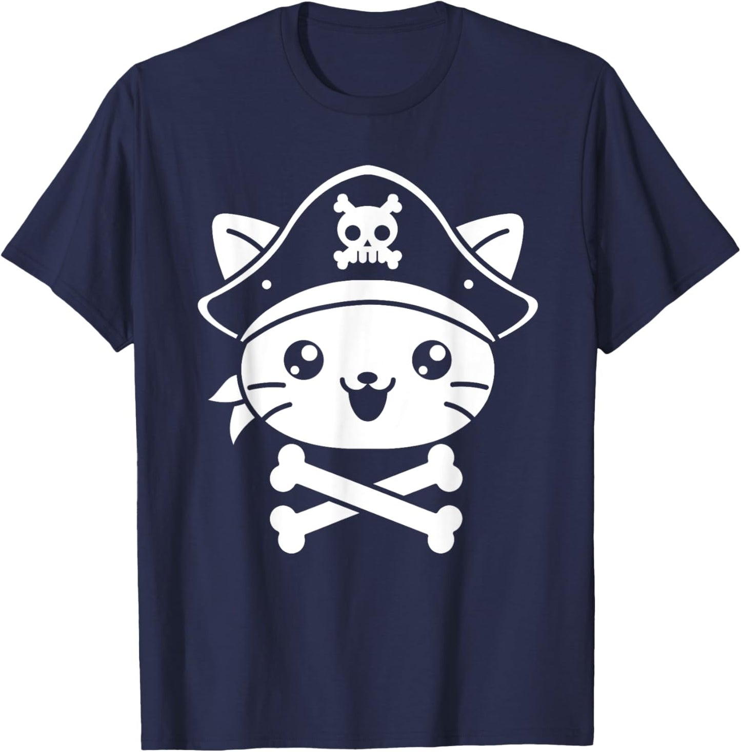 Pirate Cat Crossbones Cat Lover Kitty Cats Kitten Owner Men Women Girls Kids T-Shirt - T-Shirt | Navy