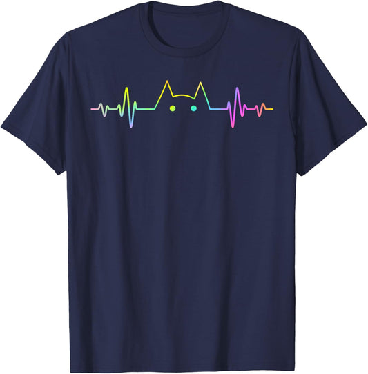 Colorful Heartbeat Cat Lover Animal Silhouette Cute Cat T-Shirt - T-Shirt | Navy
