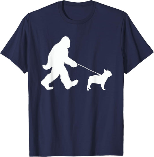 Bigfoot Walking a Dog Funny French Bulldog Lovers Dog Dad Men Women Kids T-Shirt - T-Shirt | Navy