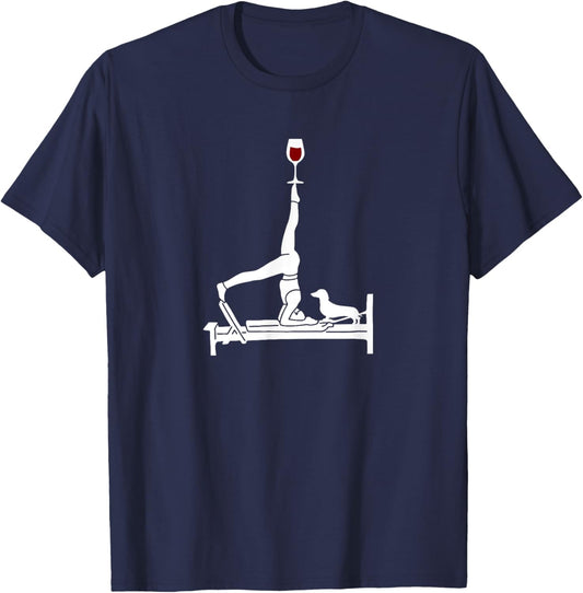 Pilates wine Reformer Pilates with Dachshund dog T-Shirt - T-Shirt | Navy