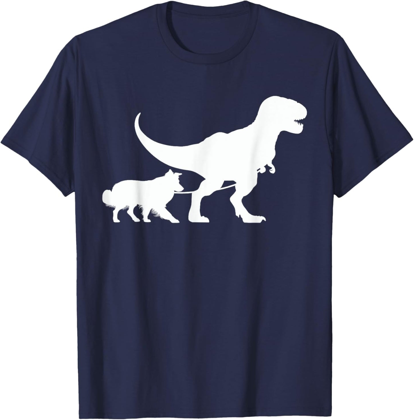 T-Rex Walking a Dog Funny Border Collie Dad Dog Lovers T-Shirt - T-Shirt | Navy