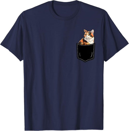 Calico Cat Kitten in Pocket Cute Calico Cat Lovers Women Girls Kids T-Shirt - T-Shirt | Navy