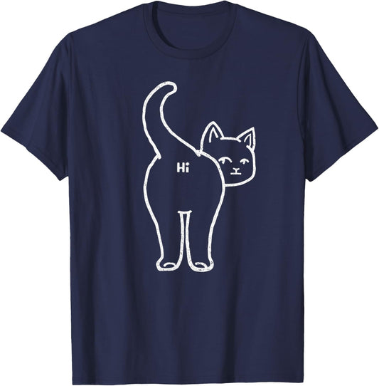 Vintage Hello Cat Lady Butt Minimalist Line Hi Humor Cat T-Shirt - T-Shirt | Navy