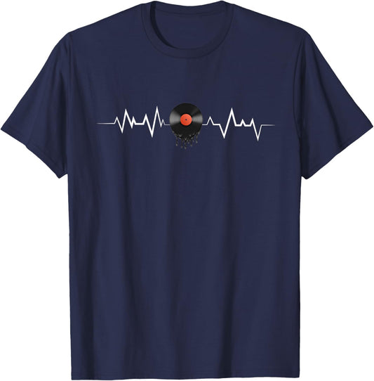 Vinyl Record Heartbeat Retro Vintage Vinyl Record Turntable T-Shirt - T-Shirt | Navy