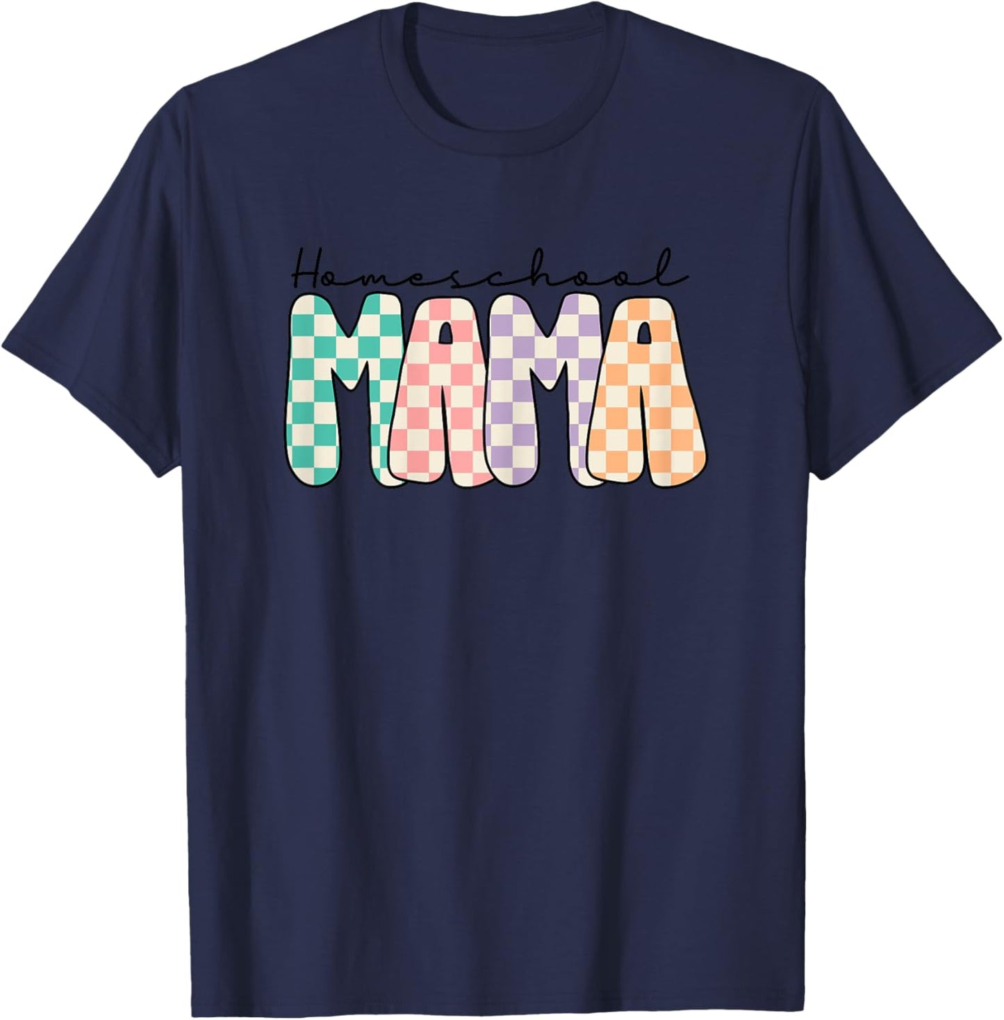 Groovy Homeschool Mama Retro Checkered Mom Teacher T-Shirt - T-Shirt | Navy