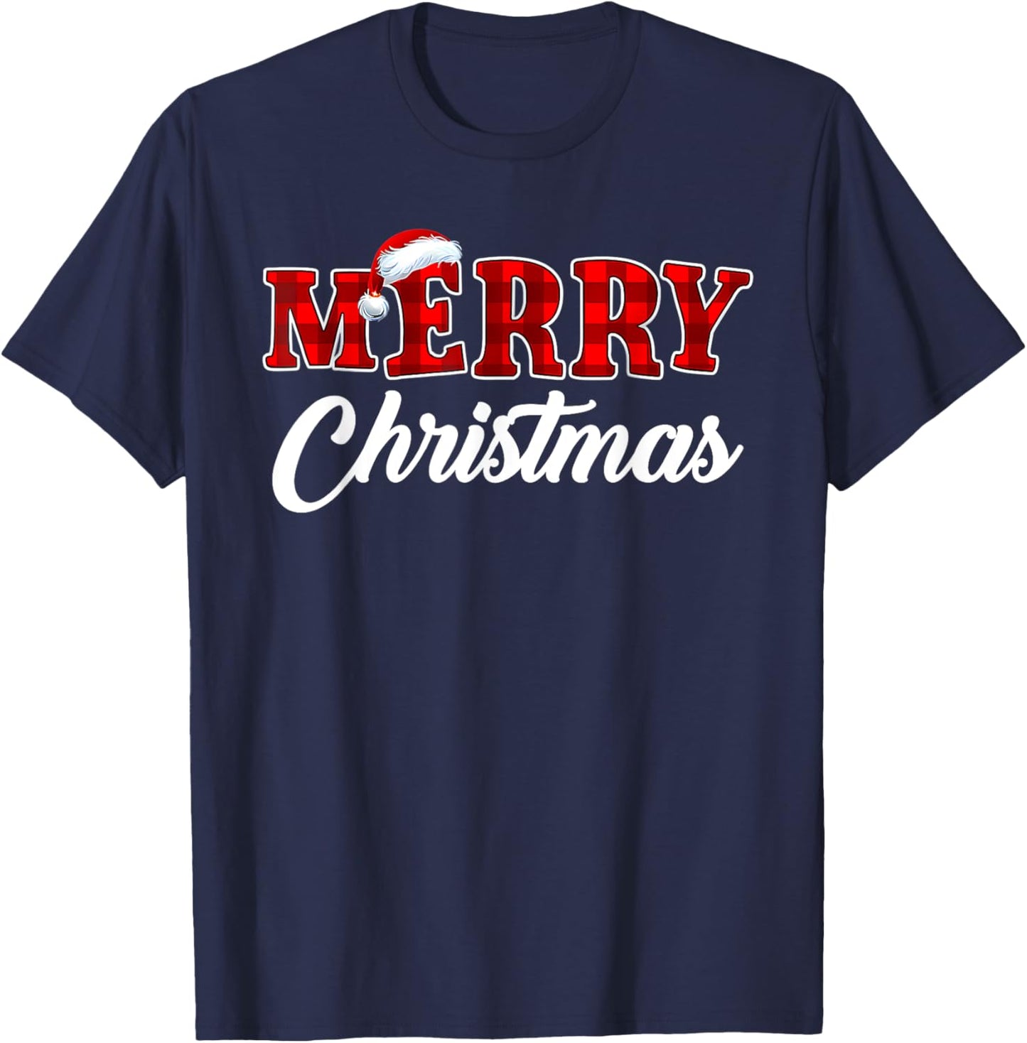 Merry Christmas Buffalo Plaid Red Xmas Santa Hat Pajamas T-Shirt - T-Shirt | Navy