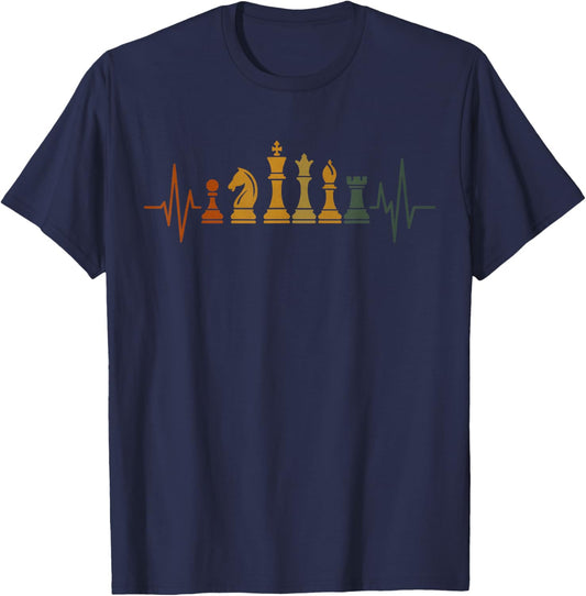 Retro Chess Design Heartbeat Line T-Shirt - T-Shirt | Navy