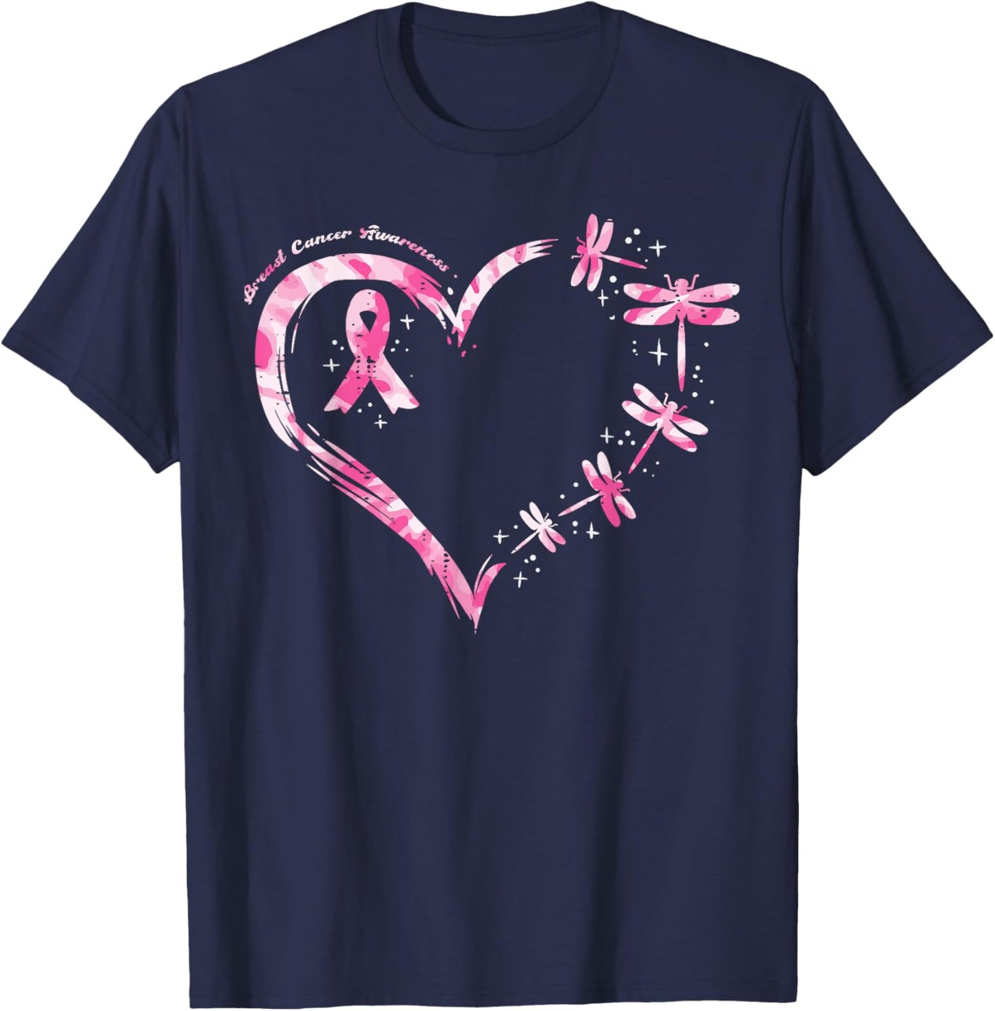 Breast Cancer Heart Dragonflies Awareness Women Kids Men T-Shirt - T-Shirt | Navy
