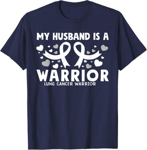 My husband is a Warrior White Ribbon Lung Cancer Awareness T-Shirt - T-Shirt | Navy