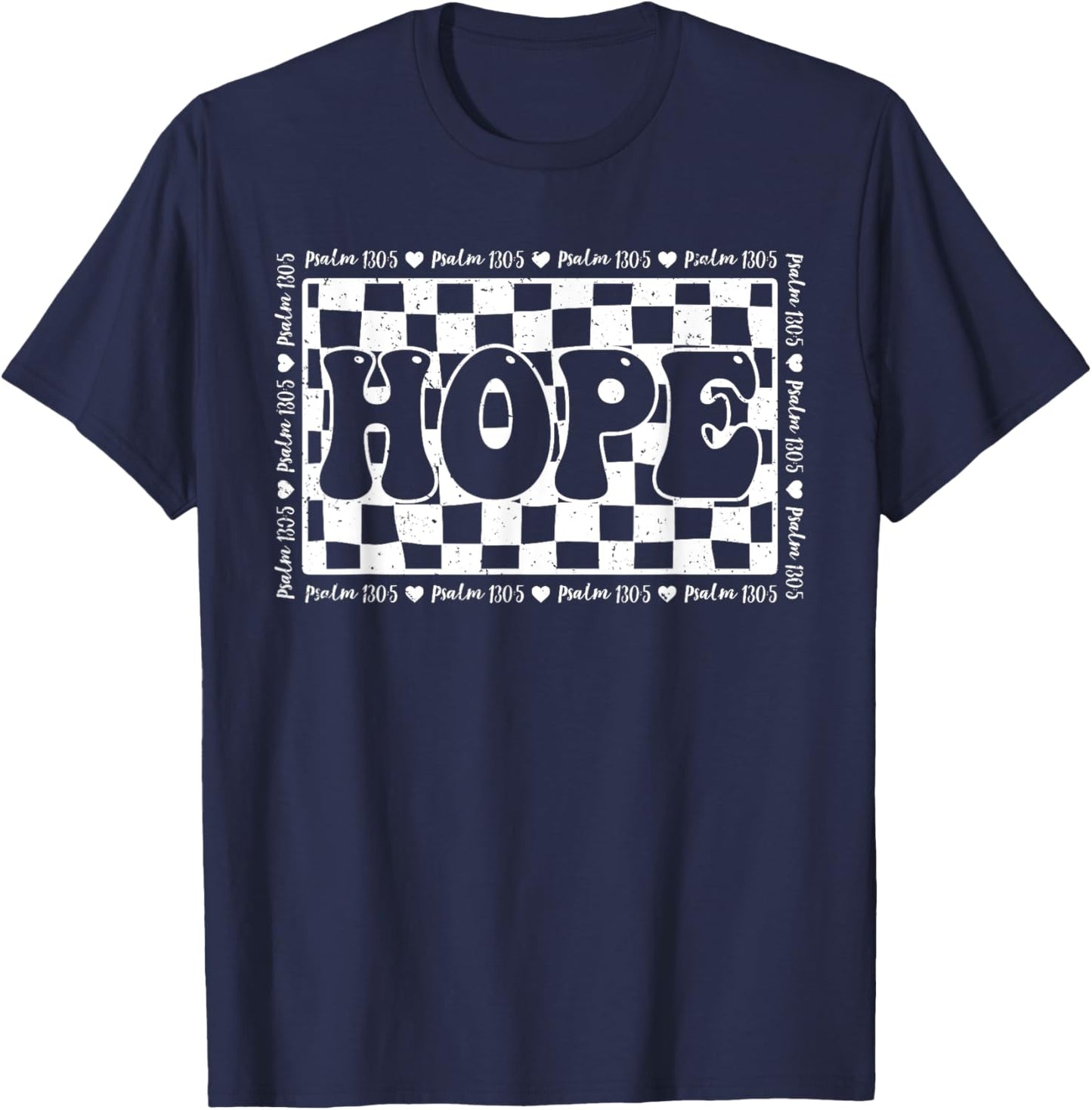 Retro Checkered Jesus Hope Psalm 130:5 Christian T-Shirt - T-Shirt | Navy