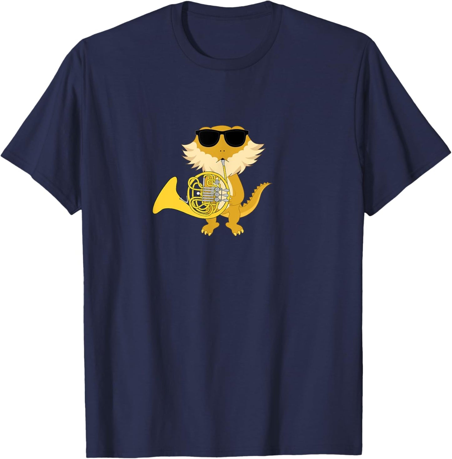 Funny Bearded Dragon Wearing Sunglasses Playing French Horn T-Shirt - T-Shirt | Navy