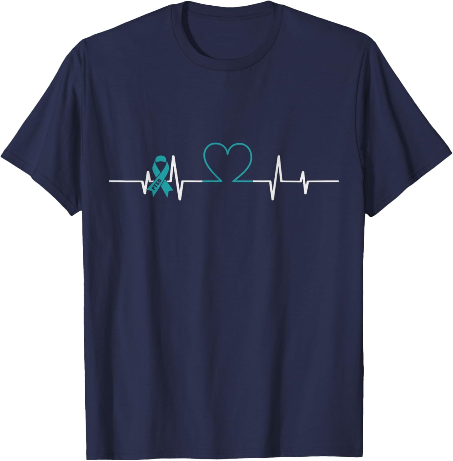 Teal Ribbon PTSD Heartbeat PTSD Awareness T-Shirt - T-Shirt | Navy