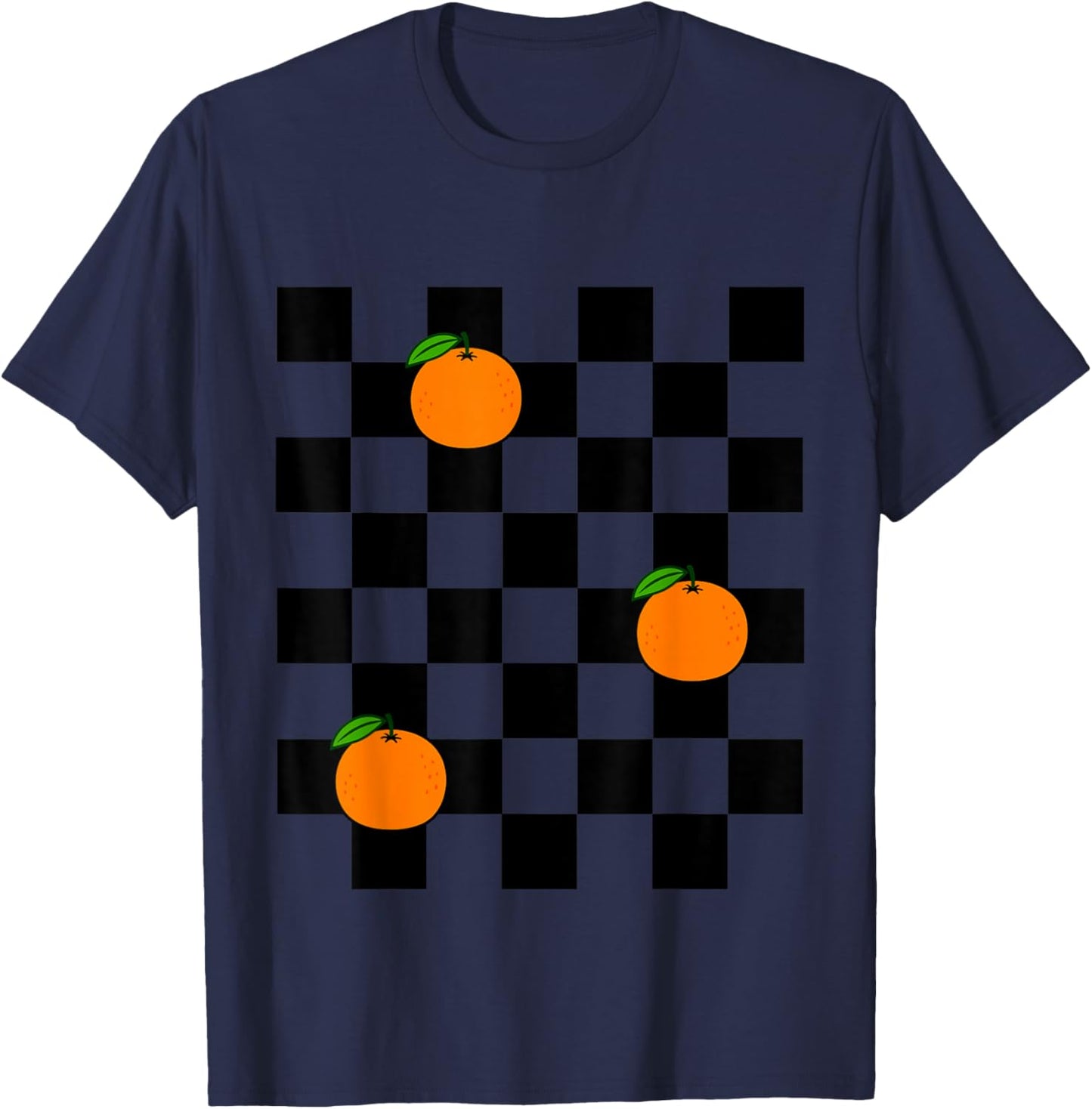 Black White Checkerboard Oranges T-Shirt - T-Shirt | Navy