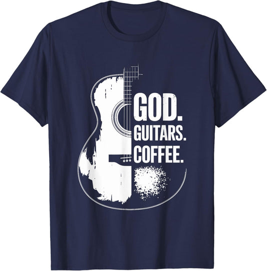 God Coffee Guitar, Christian Guitarist and Guitar Lover T-Shirt - T-Shirt | Navy