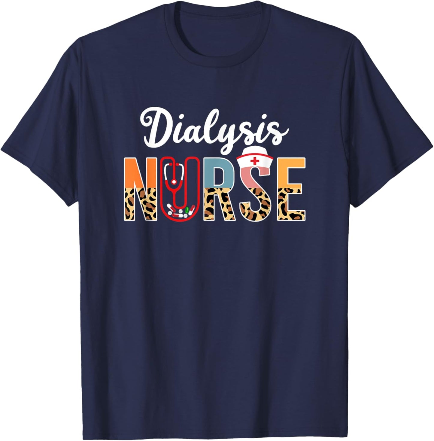 Dialysis Nurse Stethoscope Leopard Print Dialysis Nursing T-Shirt - T-Shirt | Navy