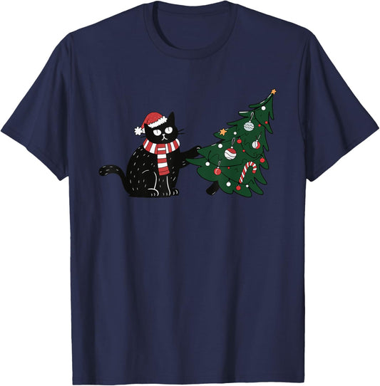 Cat Pushing Christmas Tree Women Kids T-Shirt - T-Shirt | Navy