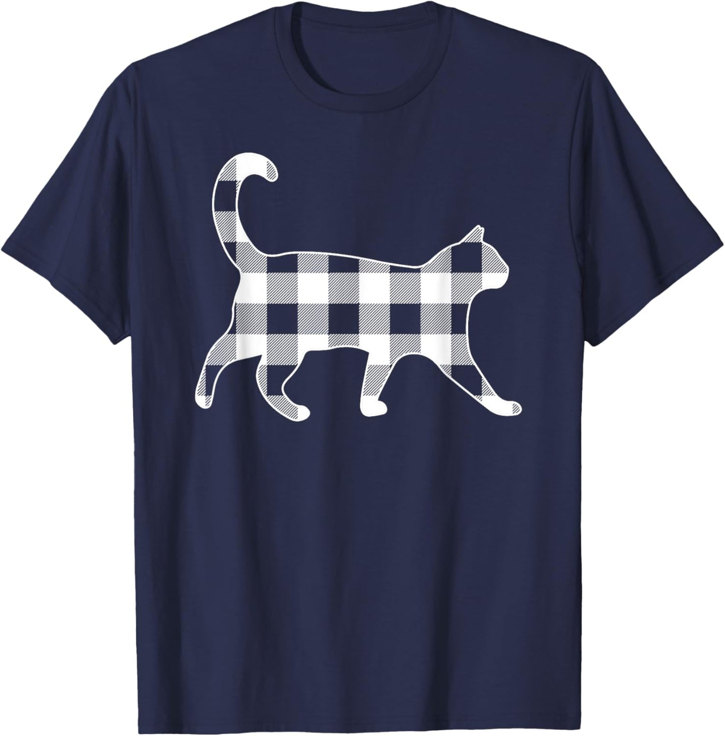 Cat Black & White Buffalo Plaid Merry Christmas T-Shirt - T-Shirt | Navy