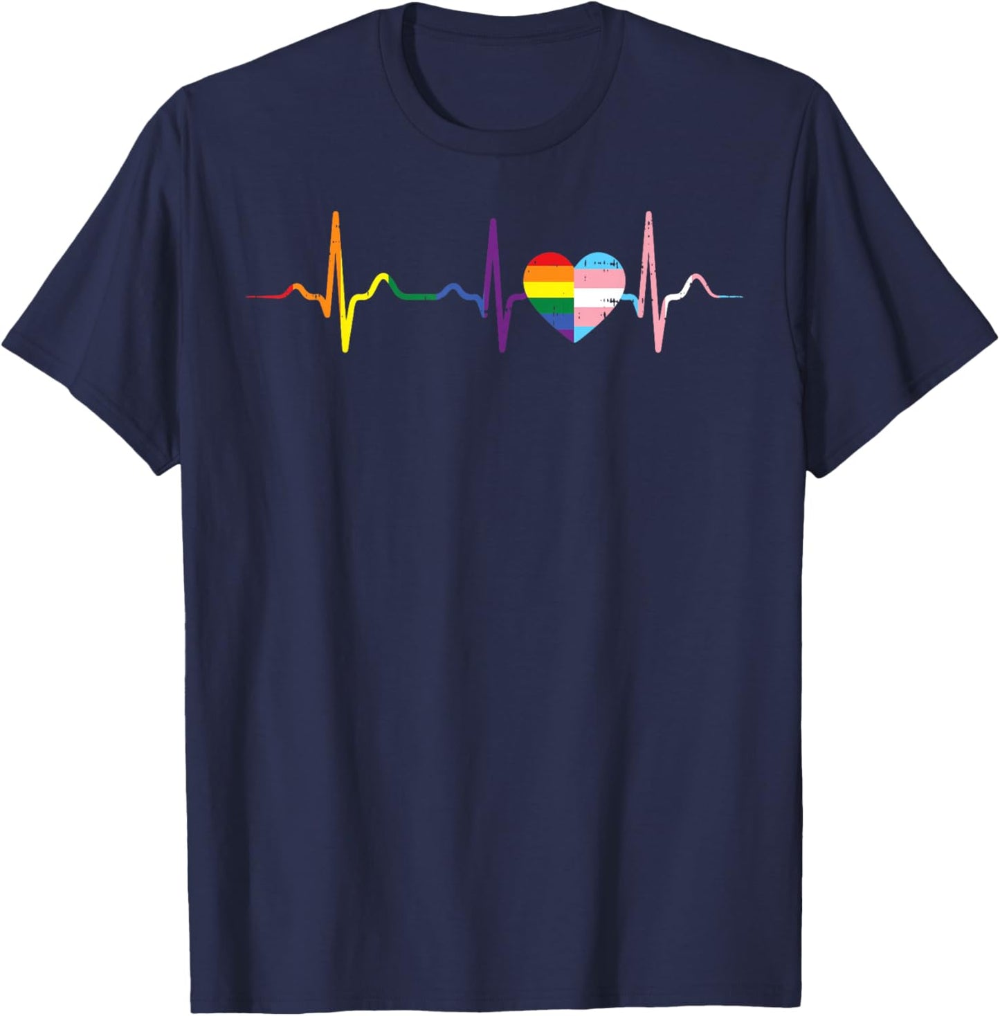 Rainbow Heartbeat Heart LGBTQ Flags Love Gay Pride Men Women T-Shirt - T-Shirt | Navy
