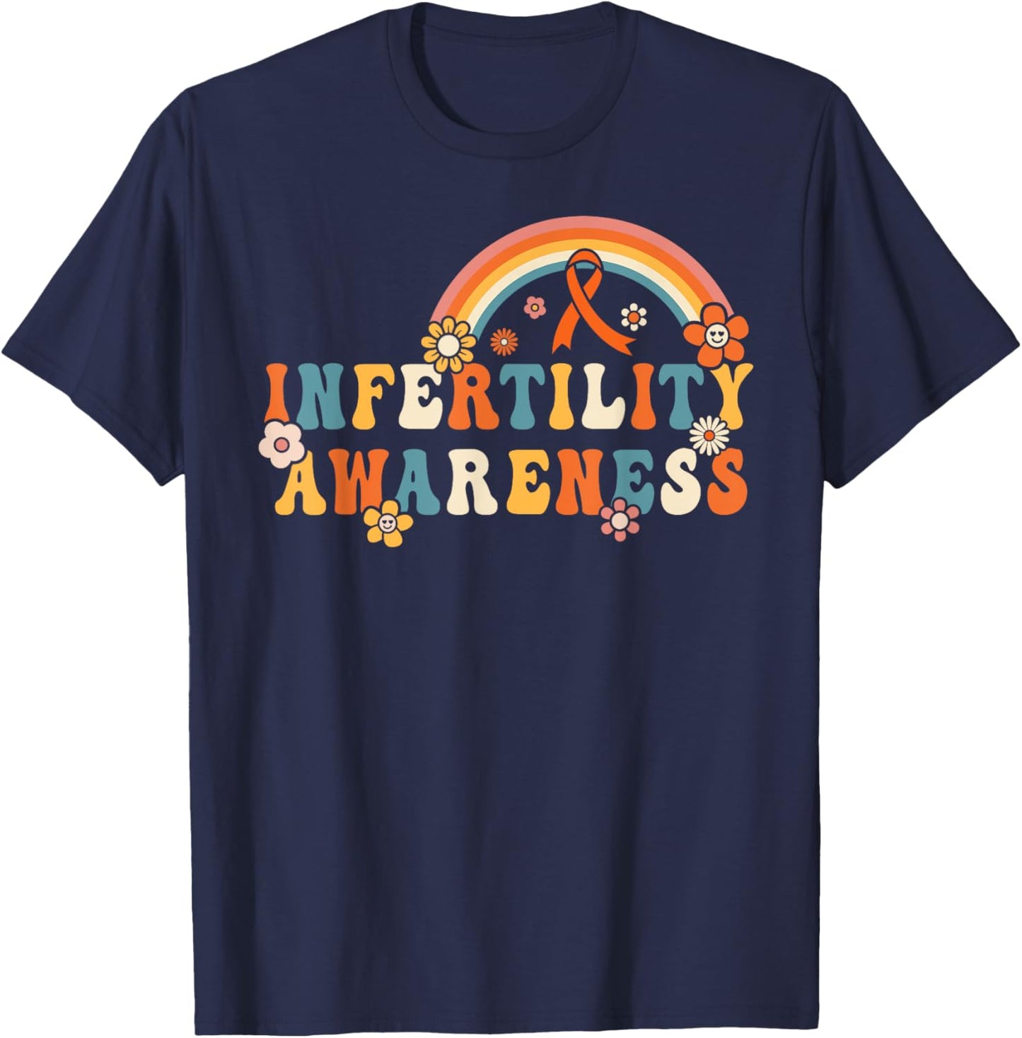 Groovy Infertility Awareness Orange Ribbon Rainbow Men Women T-Shirt - T-Shirt | Navy