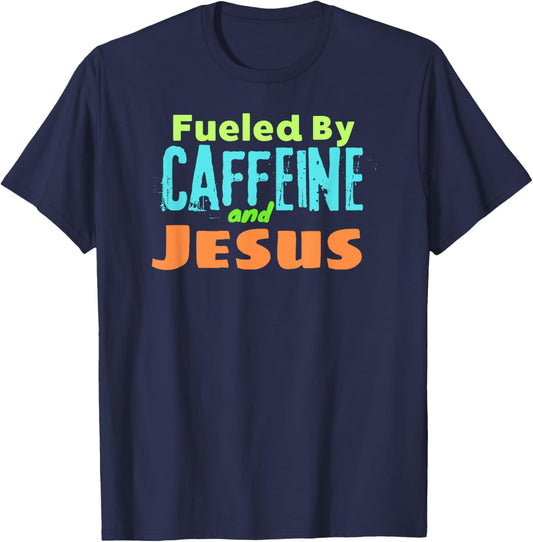 Reed Farms -Adults Black Small Modern Classic Short Sleeve Funny Christian Design Fueled by Caffeine Jesus Religious T-Shirt - T-Shirt | Navy