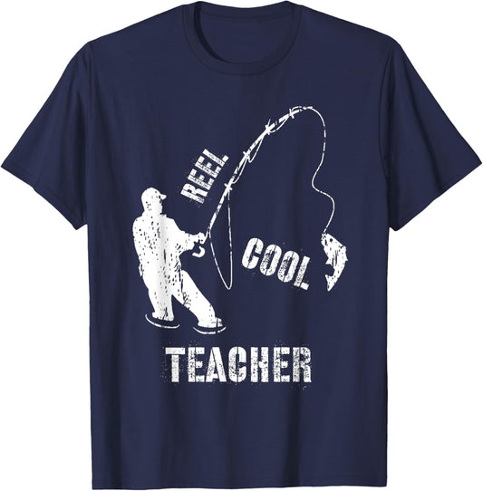 Reel Cool Teacher Grandpa Angler Fishing Fisherman Gift T-Shirt - T-Shirt | Navy