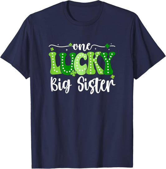 One Lucky Big Sister Groovy Retro Big Sister St Patricks Day T-Shirt - T-Shirt | Navy