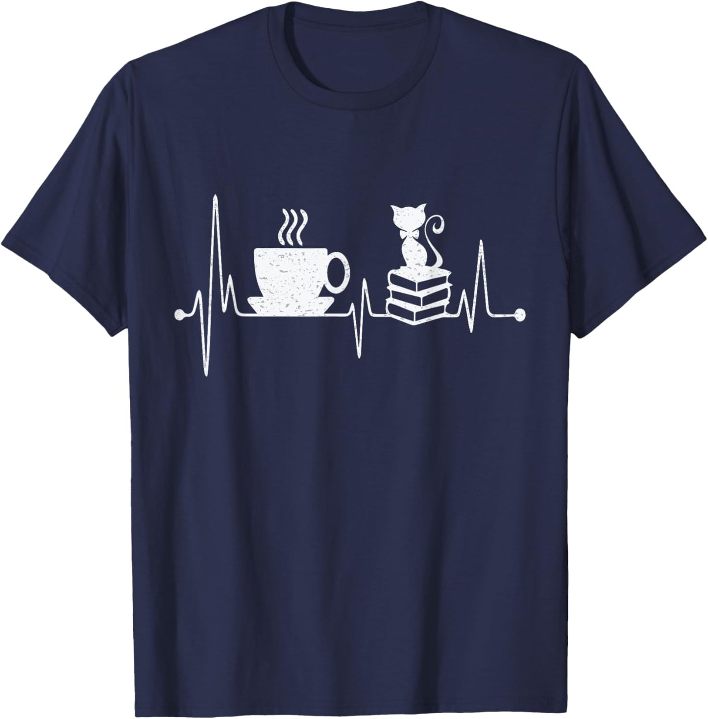 Cat Book Coffee Lover Heartbeat Cat Lover Book Lover T-Shirt - T-Shirt | Navy