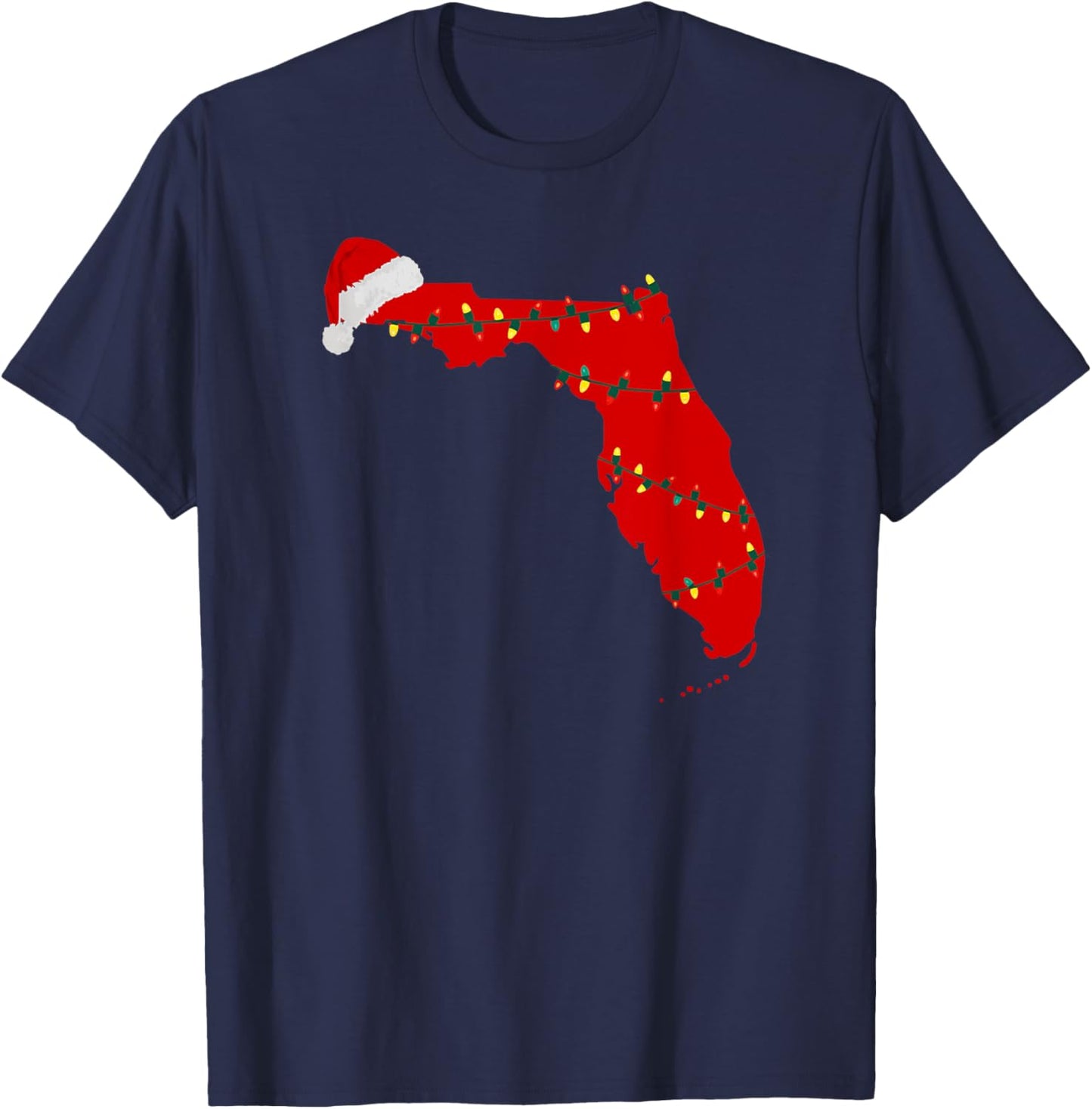 Florida Christmas State Map Lights Santa Hat Tropical Xmas T-Shirt - T-Shirt | Navy