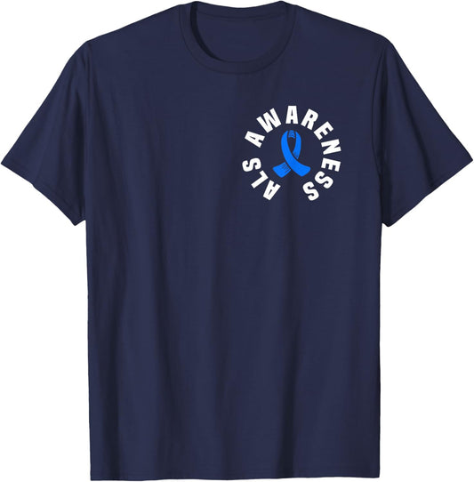 ALS Awareness Pocket Wear Blue Ribbon ALS Disease Support T-Shirt - T-Shirt | Navy