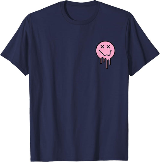 Cute X Eyes Melting Happy Face Melted Dripping Smile Face T-Shirt - T-Shirt | Navy